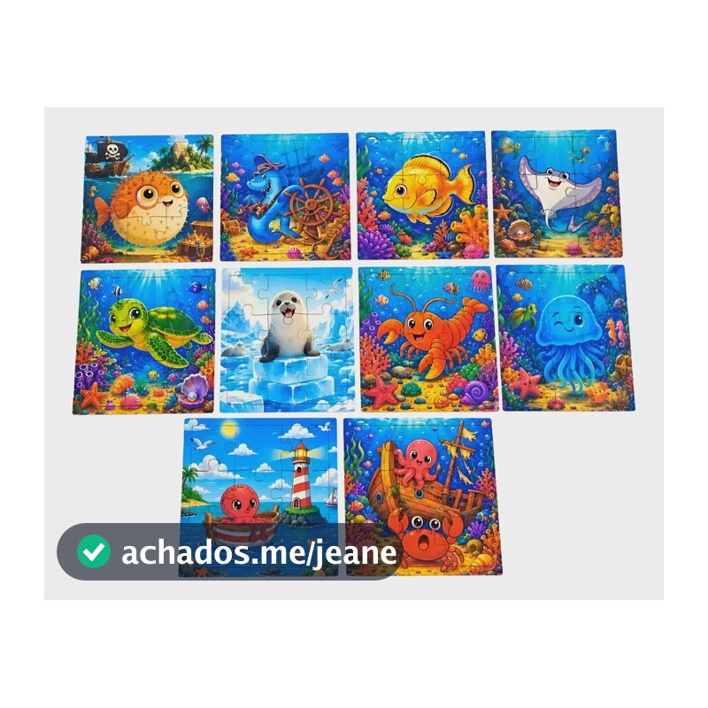 Kit 10 Quebra Cabeça Animais Fundos Do Mar Mdf 18x18cm
