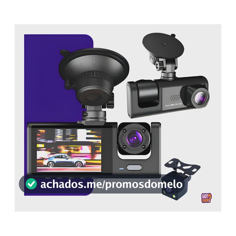 Câmera Veicular GotWire? Dashcam 3 Lentes DVR HD 1080p De Gravação Automotiva Para Motorista de Aplicativo Câmera De Carro Com 3 Canais Dianteira Frontal Interna e Traseira Ré Com Visão Noturna
