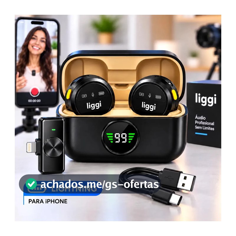 Microfone Lapela Redondo Imã Sem Fio Preto Duplo Anti Ruído Cor Preto - Lightning IPhone 8 ao 14