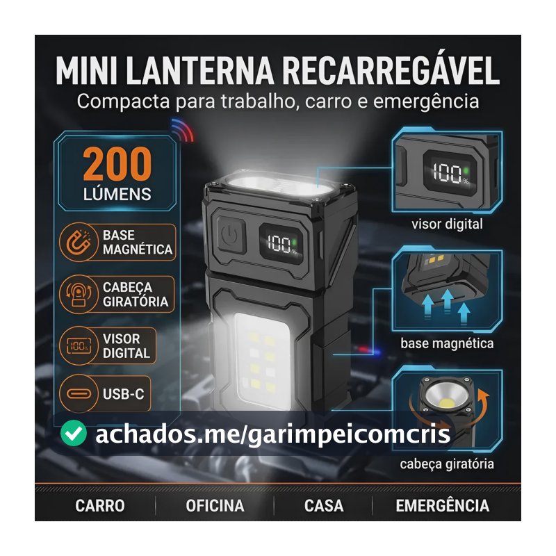 Lanterna Recarregável Portátil Com Clipe E Ímã Visor Digital Branco Preto