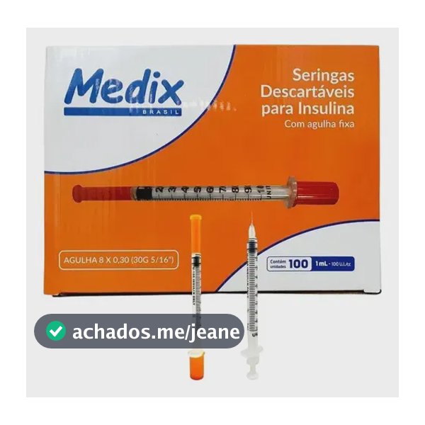 Seringa Insulina 1ml 100ui Agulha Fixa 0,8x0,30mm 30g 1 Ml