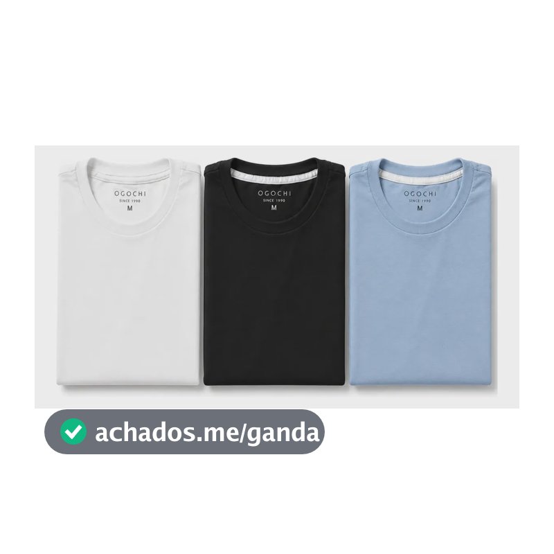 Kit 3 Camiseta Básica Ogochi Masculina Slim Original Algodão Preta | Branca | Azul Lisa M Liso