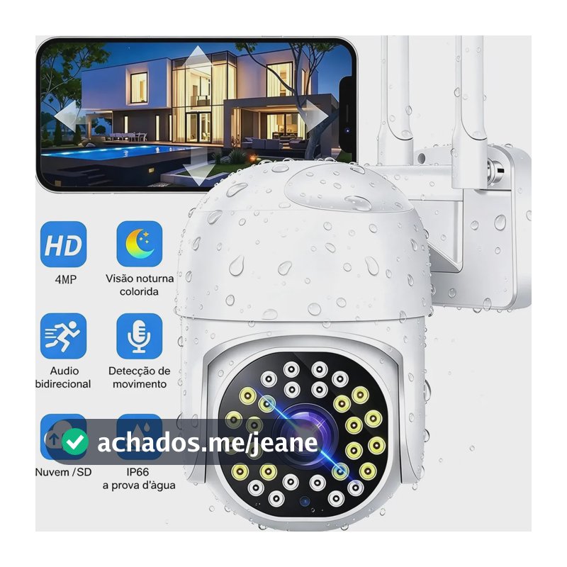 Câmera Segurança Externa 4MP WiFi PTZ 360° Visão Noturna Colorida IP66 À Prova D'água Áudio Bidirecional