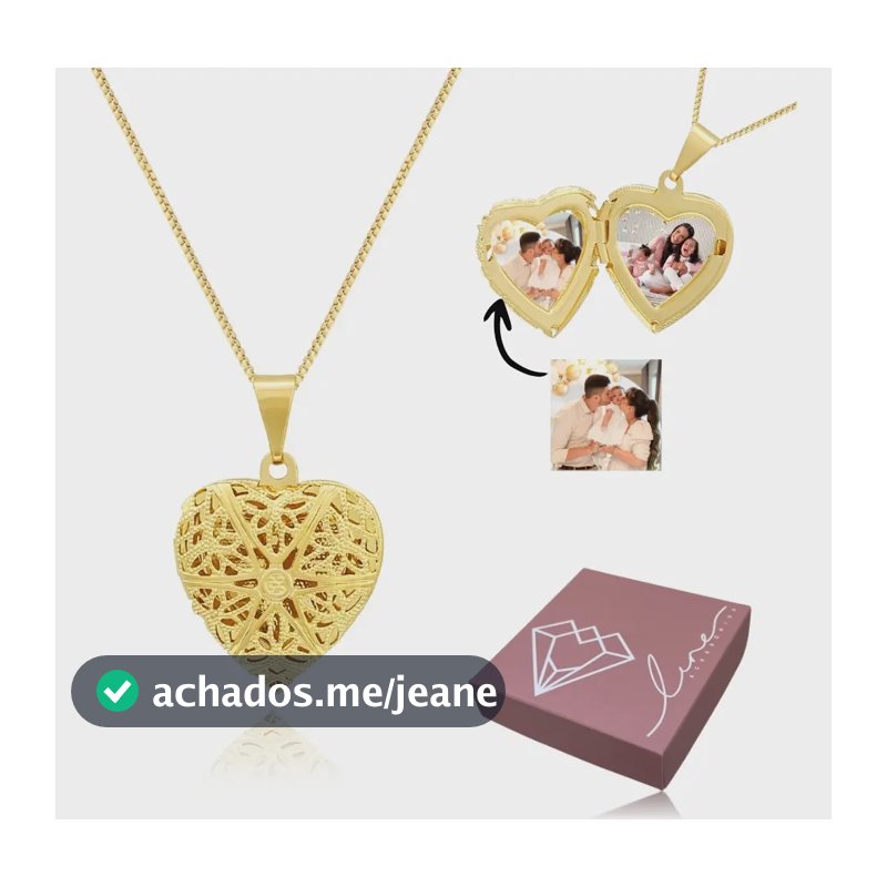 Colar 2 Fotos Relicário Coração Semijoia Banhado A Ouro 18k