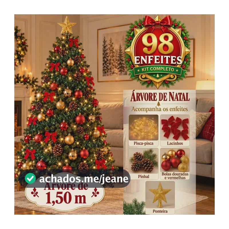 Árvore de Natal 1,50m Decorada Completa com 98 Enfeites Bolas Douradas Vermelhas Pisca Branco Quente Ponteira Pé de Ferro 127V