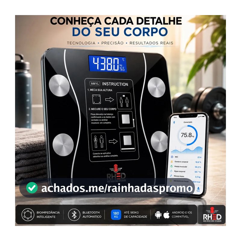 Balança Digital Bioimpedância Profissional smart imc 180kg Bluetooth Corporal Aparelho Alta Capacidade aplicativo App para Android e para IOS Balança De Banheiro Academia