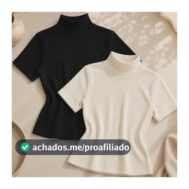 Kit 2 Blusas Feminina Canelada Gola Alta Ribana Básica Preto/off-white Liso Único: 36 A 42