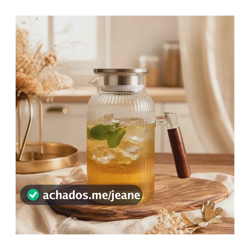 Jarra Vidro Canelada 1,8l Tampa Inox Cabo Madeira Água Chá Suco Borossilicato Transparente Resistente Elegante Luxo Para Restaurante Bar Cozinha Bebidas Quentes E Frias Design Moderno