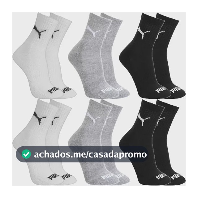 Kit 6 Pares Meias Puma Algodão Cano Médio Alto Atoalhado