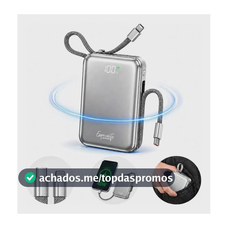 Power Bank 20000mAh Carregamento Rápido 45W, com Cabos USB-C e USB-A, para iPhone e Galaxy