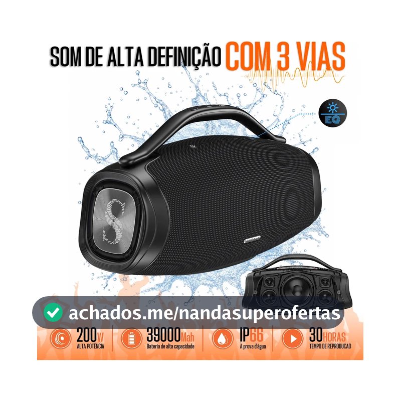 Caixa De Som Boombox sabala Bluetooth 5.4 Portátil potente dr909 200w Estéreo 39000mah App 20khz Tws Ipx66 Preto