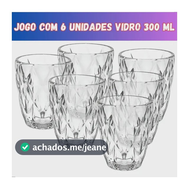 Jogo 6 Copos Vidro Diamante Grosso Resistente Agua 300ml Branco Ms Variedades