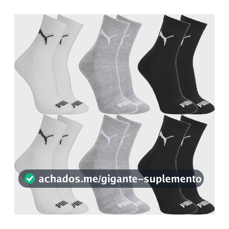 Kit 6 Pares Meias Puma Algodão Cano Médio Alto Atoalhado 2 Pretas, 2 Cinzas E 2 Brancas G - 39 A 43