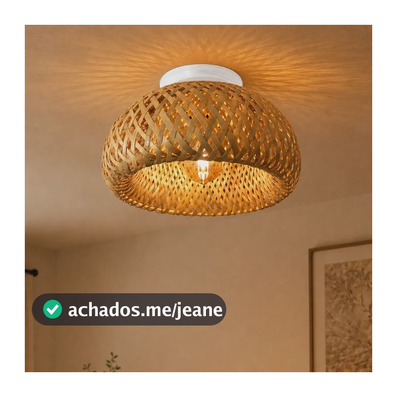 Plafon Rústico De Palha Natural Bambu Luz Quente 35cm 127/220v Branco