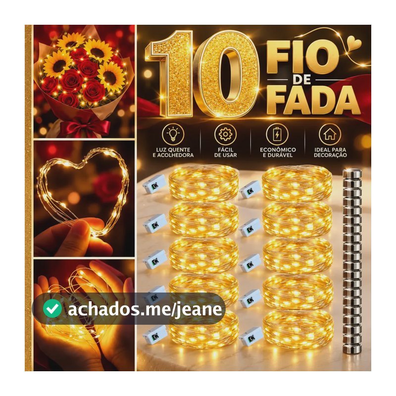 Kit 10 Fio De Fada Cordão De Led 2 Metro E 20 Leds Cada Luz Amarelo Pisca Pisca Natal Pilhas Inclusa Decoração Marca Kururuá