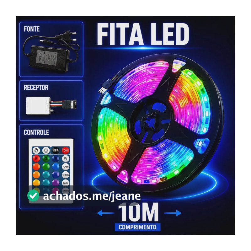 Fita Led RGB 5050 10mtr 300 Leds IP44 Controle Remoto Bivolt 127V 220V 12V Para Quarto Sanca Gesso Nichos Painel