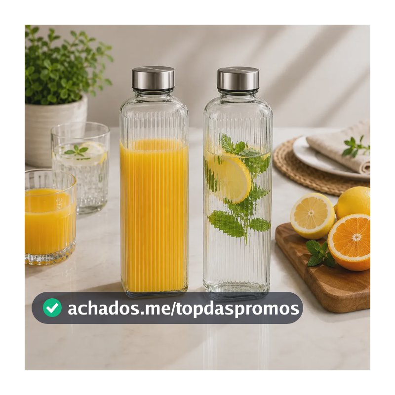 Kit 2 Garrafas Vidro Canelada 1l Tampa Hermética Inox Luxo Transparente