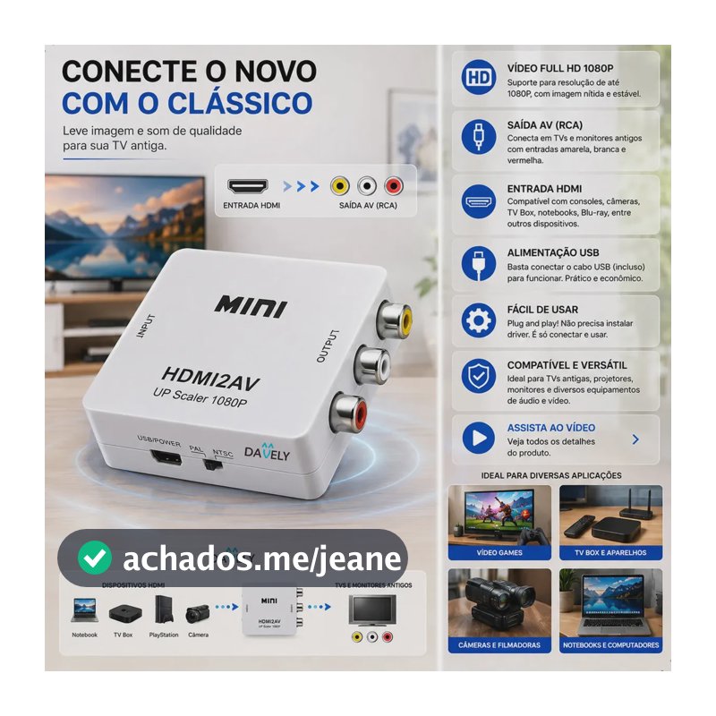 Mini Adaptador Hdmi Para Rca Conversor Full Hd Vídeo Hdmi P/ Vídeo Rca 2av - Conectar Seus Aparelhos Com Saída Hdmi Em Sua Tv - Converter Qualquer Sinal Hdmi - Full Hd Marca Davely Branco