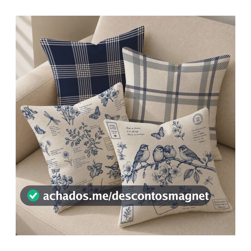 Kit 4 Capas Almofadas Decorativas Xadrez Pássaros Cottage Azul Cottage Farmhouse