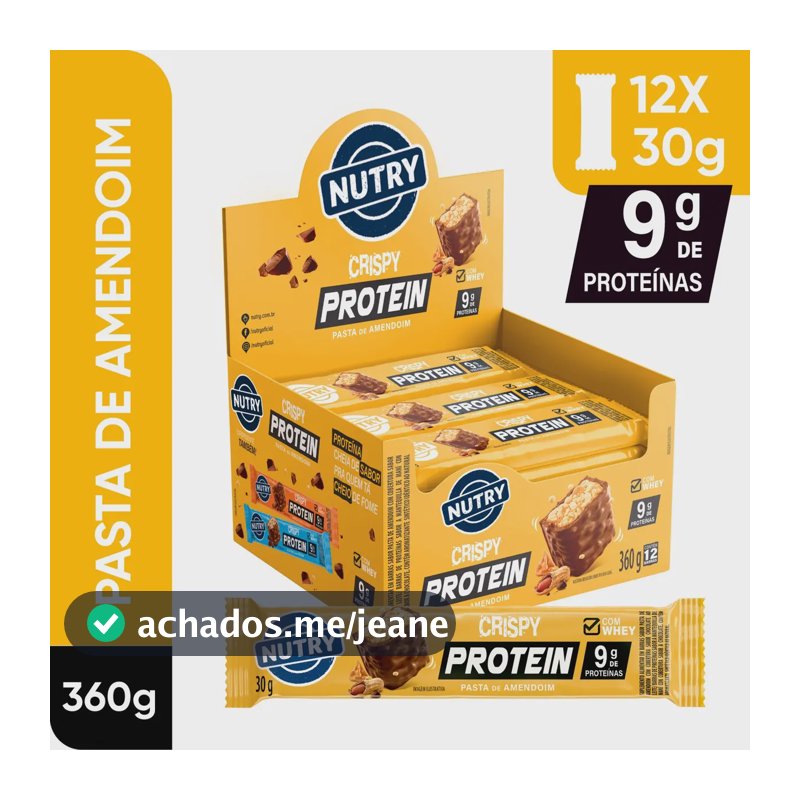 Barra de Proteínas Nutry Crispy Protein Pasta de Amendoim 30g - Com Whey e 9g de Proteínas