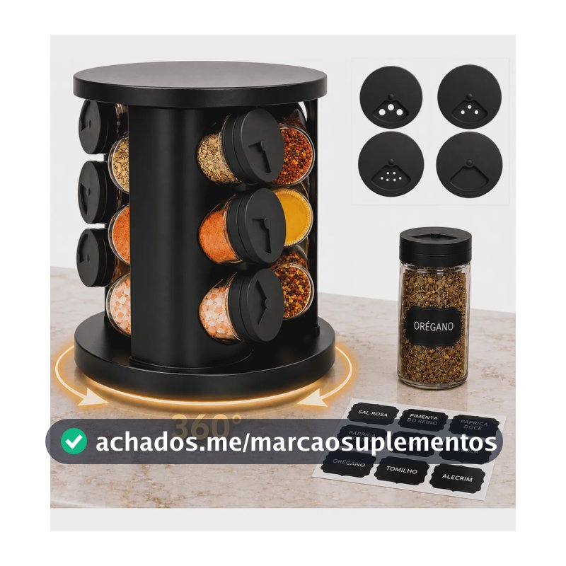 Porta Temperos Condimentos 9 Potes De Vidro Base Giratória 360° 9 Etiquetas Adesiva Organizador Cozinha Dosador Suporte Bancada Mesa Orégano Sal Páprica Pimenta Indue Variedades