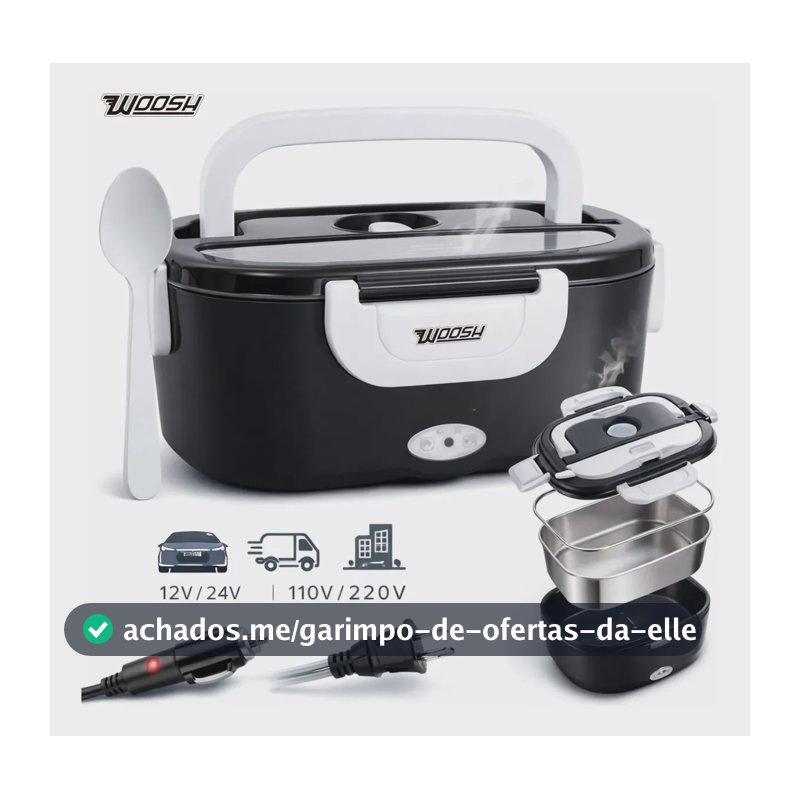 Marmita Elétrica Preta Bivolt Portátil Doméstica 110/220v Veicular 12/24v Lancheira 1.5l Com Divisórias Esquenta Rápido Refeições Práticas Trabalho Casa Carro Caminhão Viagem Faculdade Woosh