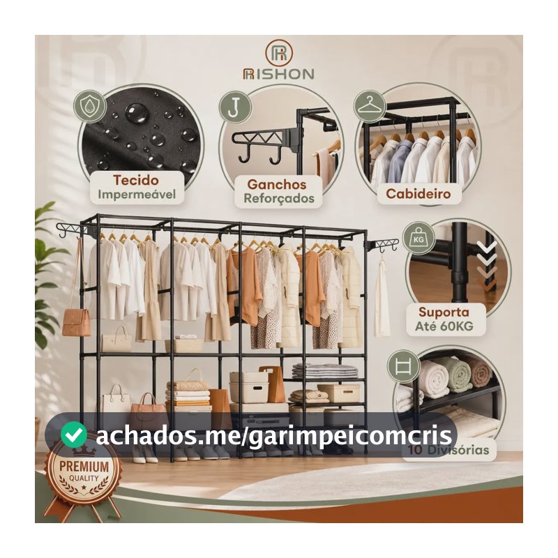Guarda Roupa Dobravel Closet Aberto Organizador De Roupas Desmontavel E Arara Organizadora 4 Colunas Em Aço Resistente Rishon