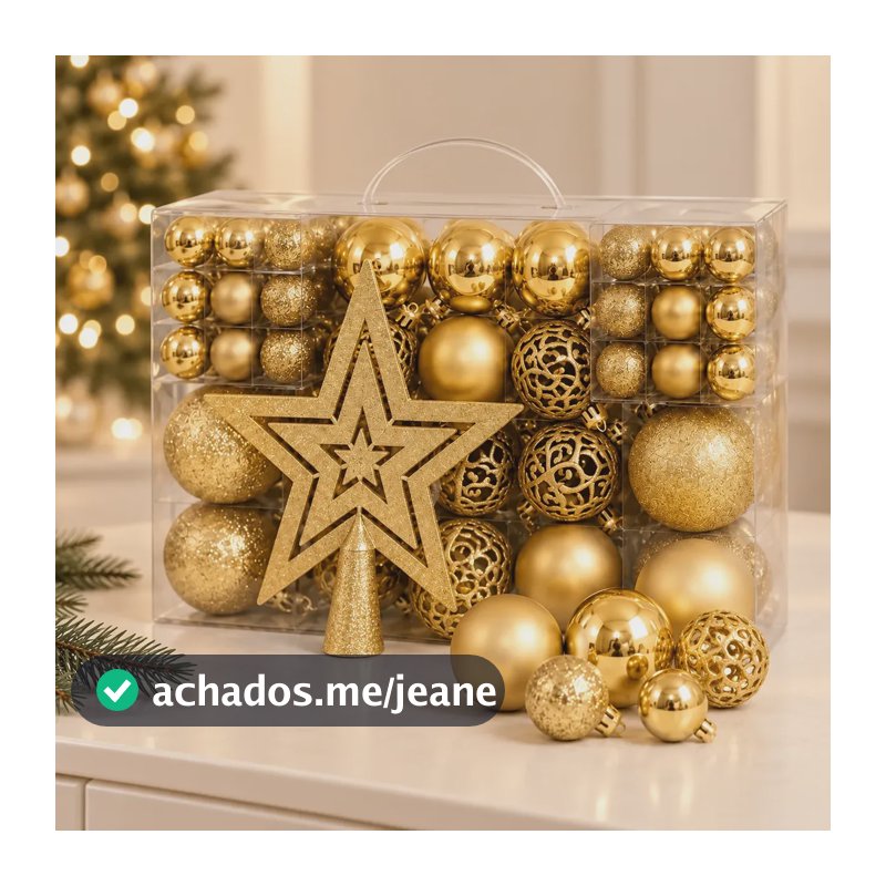 Kit 50 Bolinhas De Natal Com Estrela Brinde E Maleta Luxo Dourado