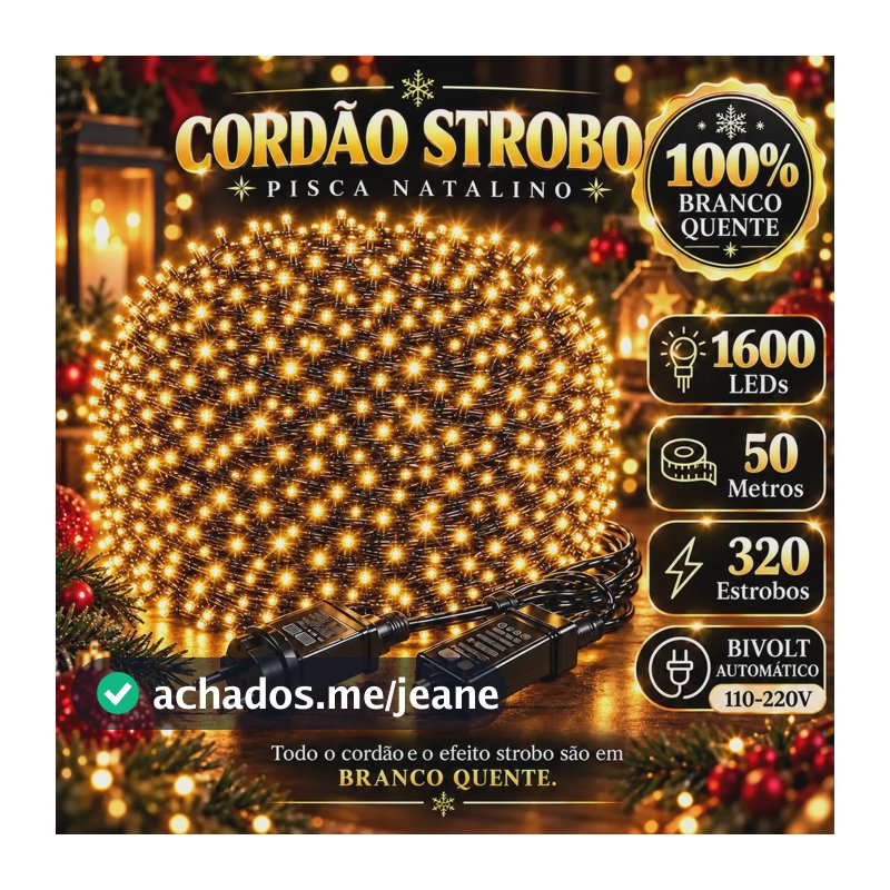 Strobo Natal 1600 Leds Cordão 50m Pisca Pisca 320 Flash Prova D'água Bivolt Branco Quente Creator Brasil