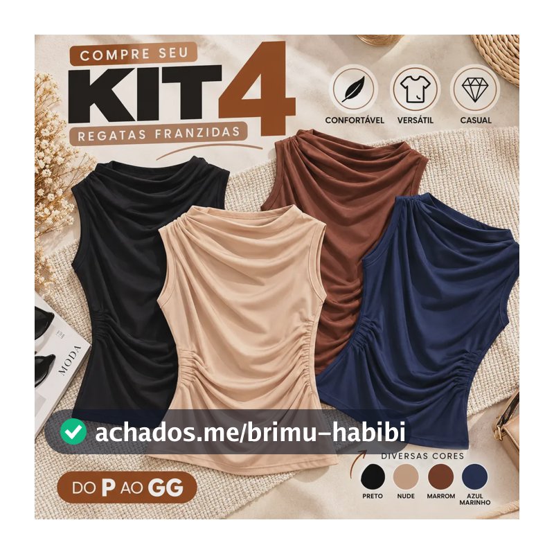 Kit 4 Blusa Feminina Regata Gola Alta Drapeada Plissada Preto, Marrom, Nude E Azul Marinho Liso G/gg (44/48)