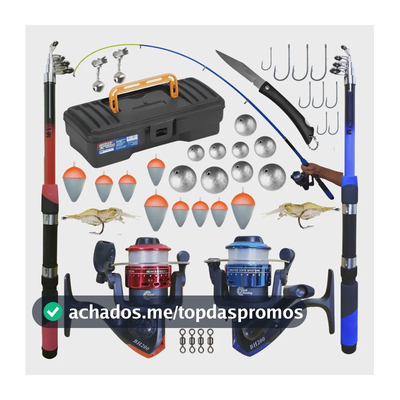 Kit Pesca Completo 2 Varas + 2 Molinetes E Acessórios Preto