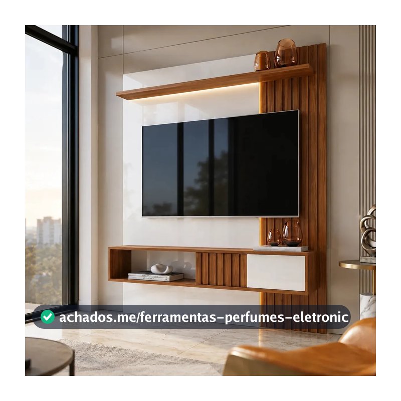 Painel Bancada Suspensa Dj Cosmos 1500 Para Tv Até 55 Ripado Porta Deslizante Design Sala Moderna Cor Branco/Marrom