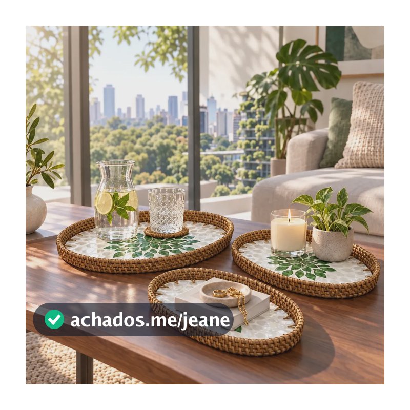 Kit 3 Bandejas Decorativas Ovais Vime Fundo Estampado Verde