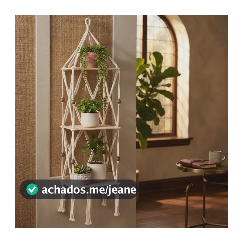Prateleira Grande Suspensa Macramê 3 Andares Madeira Boho Bege