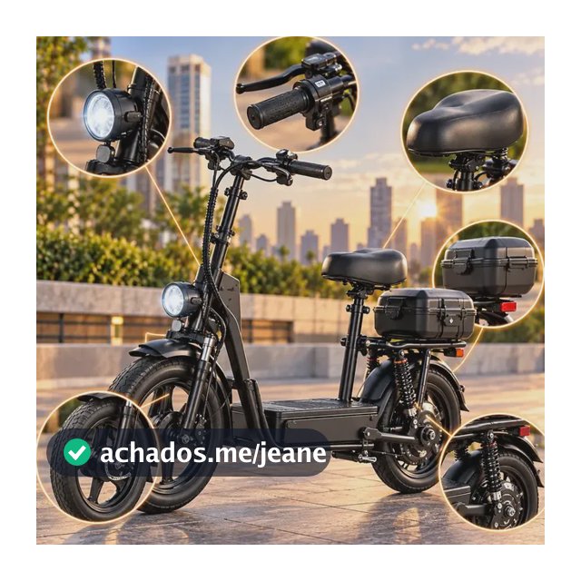Bicicleta Elétrica 500W 48V Bateria de Lítio Dobrável com Banco Baú Traseiro Farol Freio Hidráulico Aro 14 Velocidade 32km/h Autonomia Até 25km Preta Mobilidade Urbana