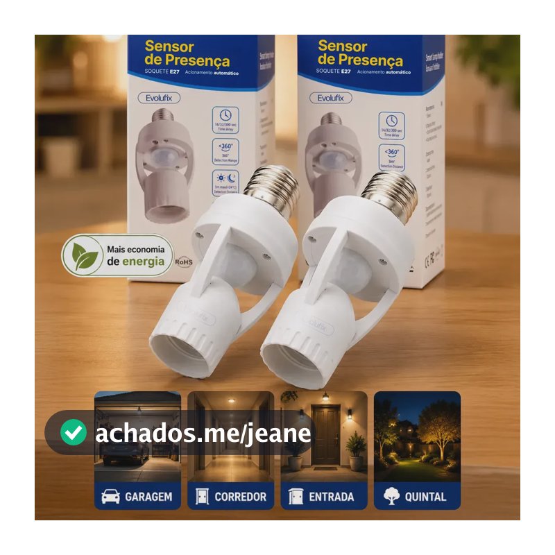 Kit 2 Sensor De Presença Lâmpada Soquete E27 Iluminação Fotocélula Movimento Infravermelho Apaga Sozinho Detecta Movimentos Externo E Interno Bocal Automático Evolufix