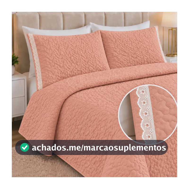 Kit Cobre Leito Casal Dupla Face Colcha 3 Peças 200 Fios Rose