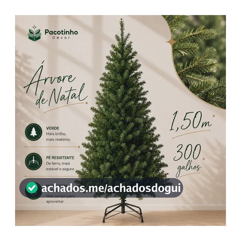 Árvore De Natal 1,50m 300 Galhos Verde Base Metal Pinheiro Canadense Pacotinho Decor