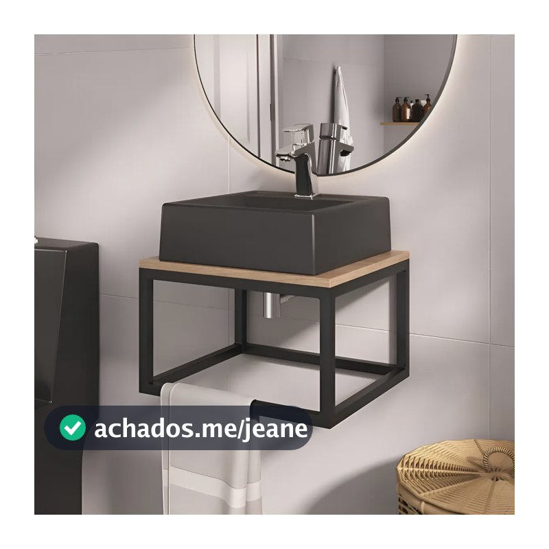 Gabinete Banheiro Industrial Mini 42cm - Ferro + Cuba Pia Preto Móvel Tampo Madeirado