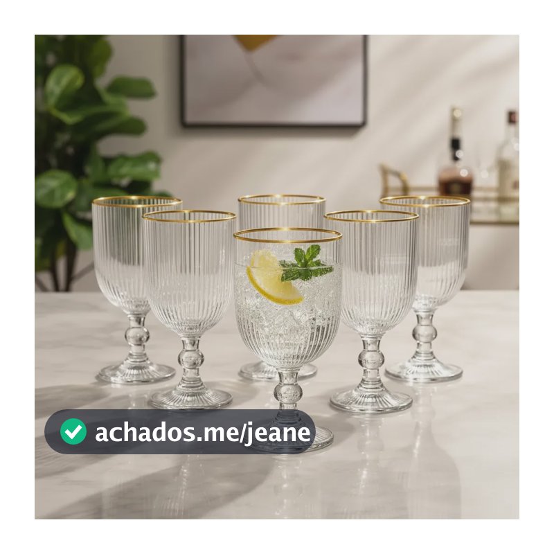 Jogo 6 Taças De Vidro Caneladas 390ml Com Borda Dourada Transparente Com Borda Dourada
