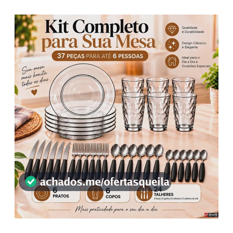 Aparelho de Jantar Sforte com 37 Peças, Pratos e Copos de Vidro, Talheres de Aço Inox e Porta-Talheres Organizador