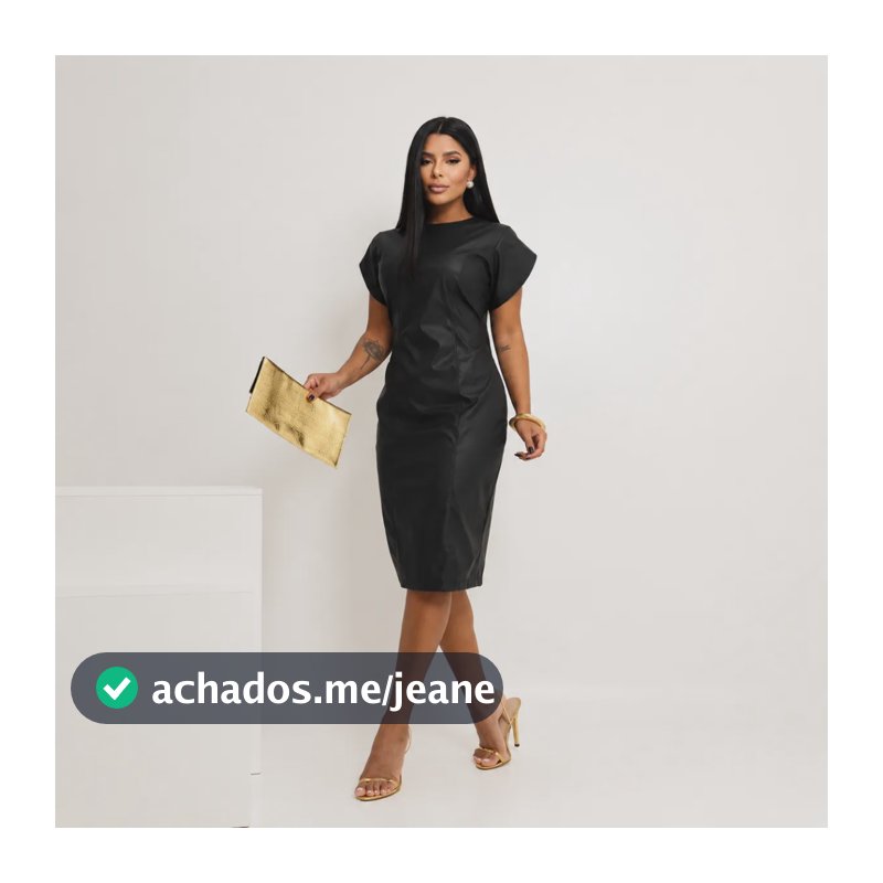 Vestido Feminino Midi Couro Fake Manga Curta Elegante Casual Preto P