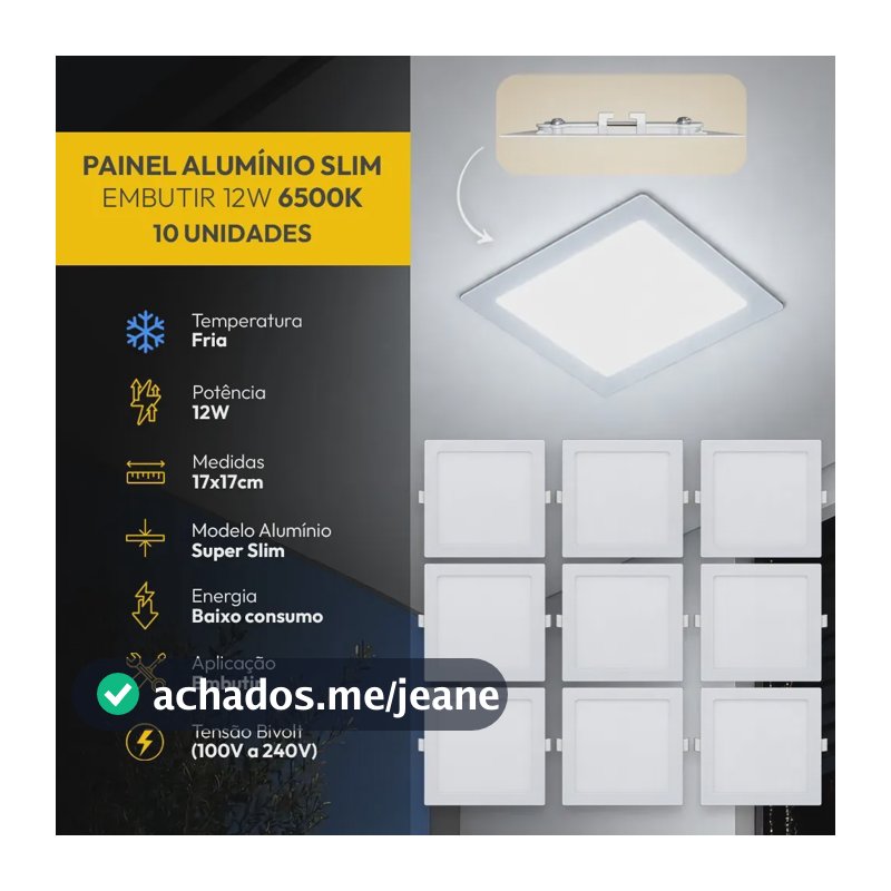 Kit 10 Painel Led Plafon Aluminio Embutir 12w 6500K Branco Frio 17x17Cm Quadrado Cod: ALUT001977-10 Alut By Avant