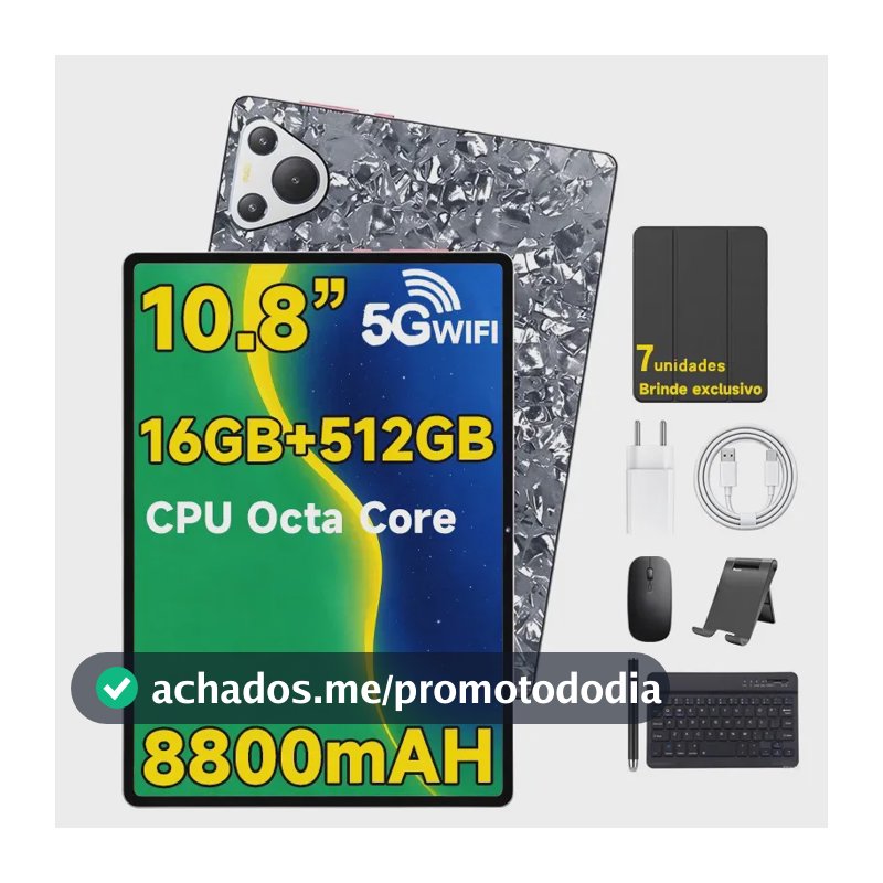 > Tablet 10.8 Polegadas Android 15 Gemini AI 16GB RAM 512GB Wifi 5G C/ Capa Teclado Mouse - Preto