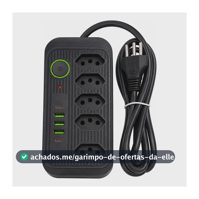 Filtro Linha 5 Tomadas 3 Usb 2 Usb-c Cabo 2m Bivolt Preto 127/220v
