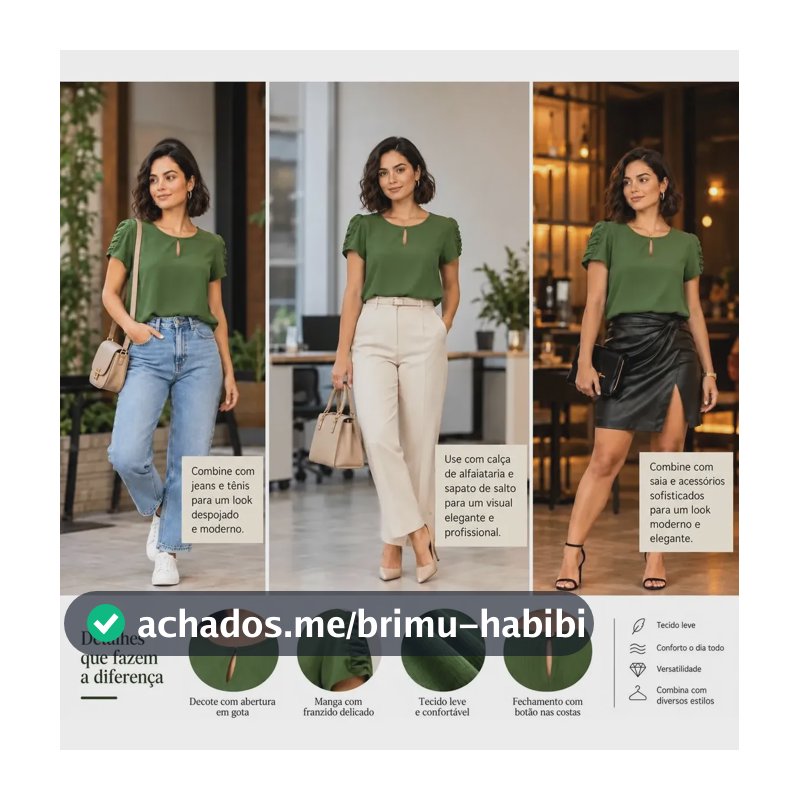Blusa Com Detalhe Franzido No Ombro Moda Evangélica Verde Militar Lisa G