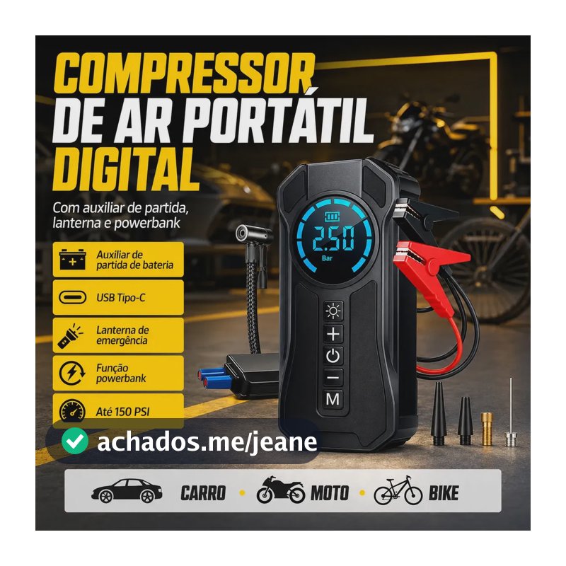 Compressor De Ar Digital Sem Fio Para Carro Moto Bike Mini Calibrador Portátil 150 Psi Preto