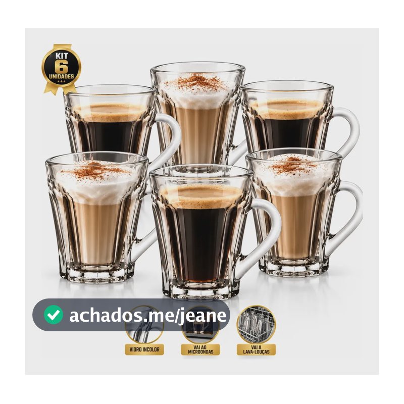 Jogo 6 Canecas de Vidro Canelada Transparente Incolor 140ml Xicara Para Café Cappuccino Chá Chocolate Quente Alça Resistente Vai ao Microondas e Lava-Louças Presente Casa Cozinha Lar Commex