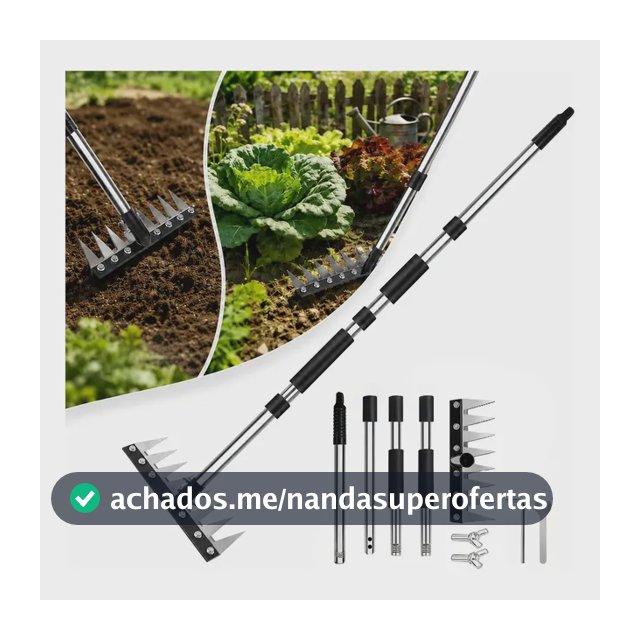 Rastelo Ancinho Inox 8 Dentes Para Grama E Jardim com Inox Cabo Ajustável Desmontável 44-153cm