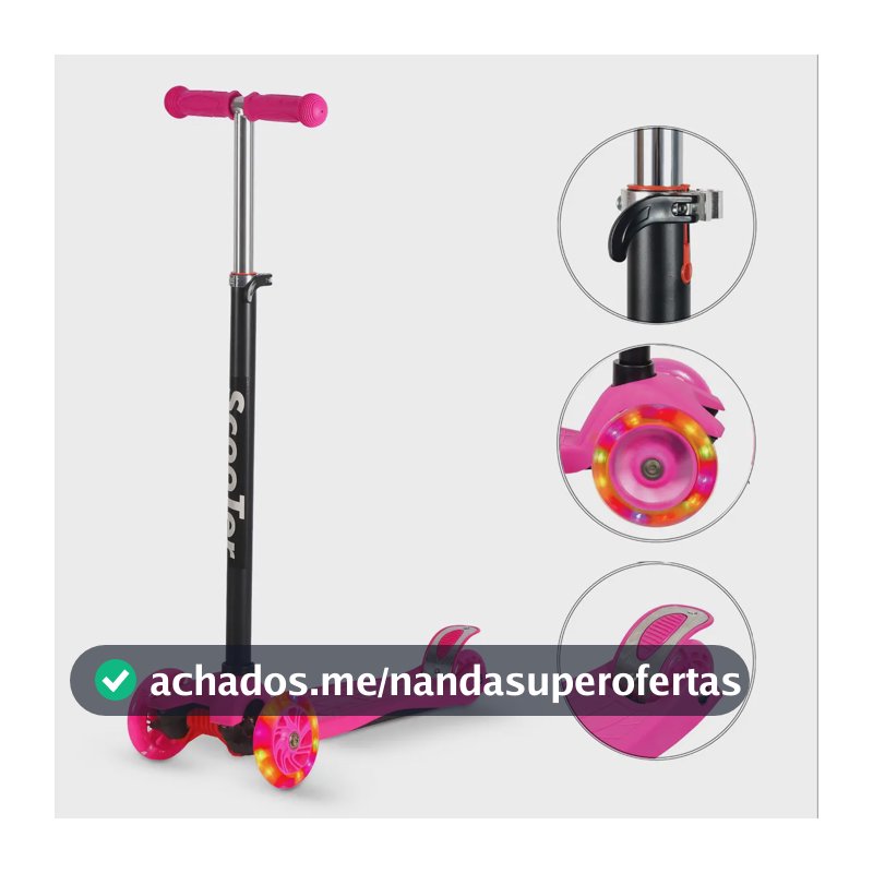 Patinete Infantil Rosa 4 Rodas Luz LED Reforçado Altura Ajustável 70kg Desmontável Menina